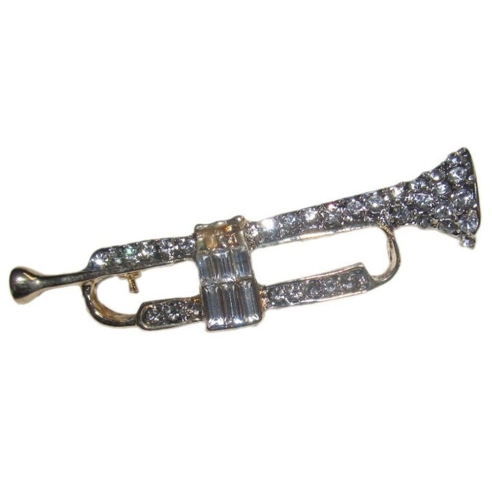 Elegant Gold Tone Rhinestone Crystal Trumpet Brass Horn Pin Brooche Jazz 2 1/4"